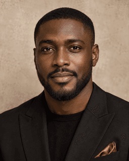 Daniel Okafor, a makeup artist in an editorial studio portrait.