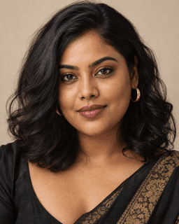 Priya Sharma, a makeup artist in an editorial studio portrait.