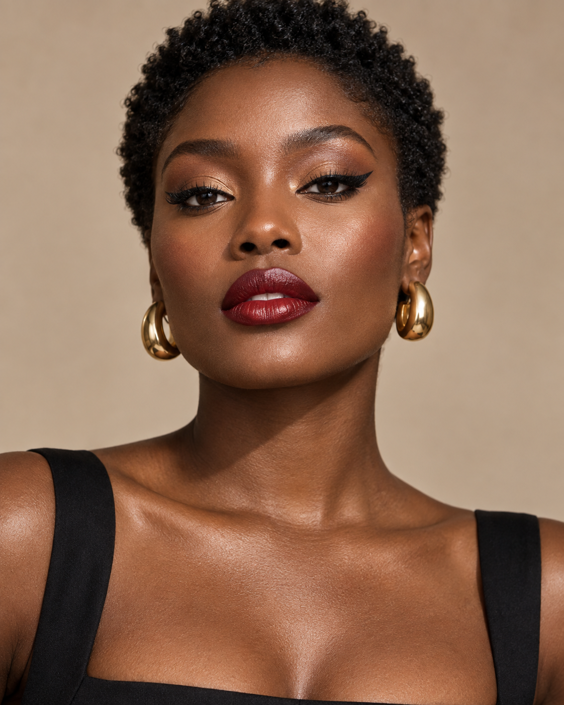 Bold & Confident makeup with a graphic eyeliner and berry lip.