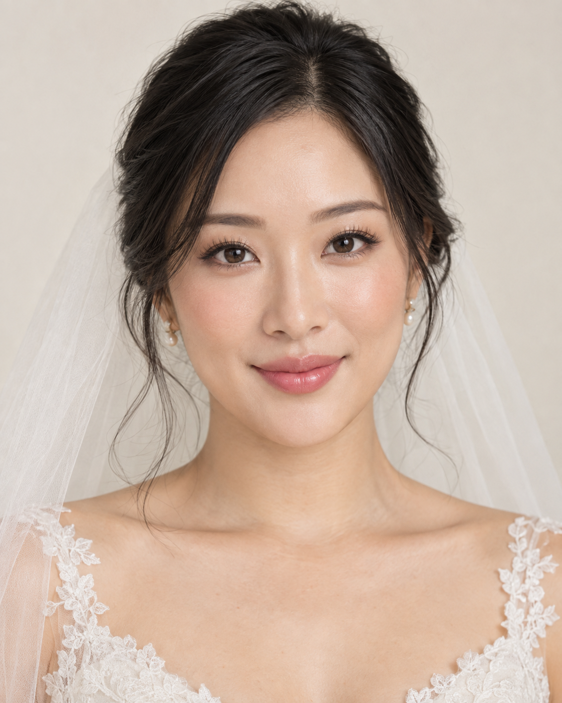 Natural Bridal Beauty bridal portrait with an ivory wedding dress and veil.