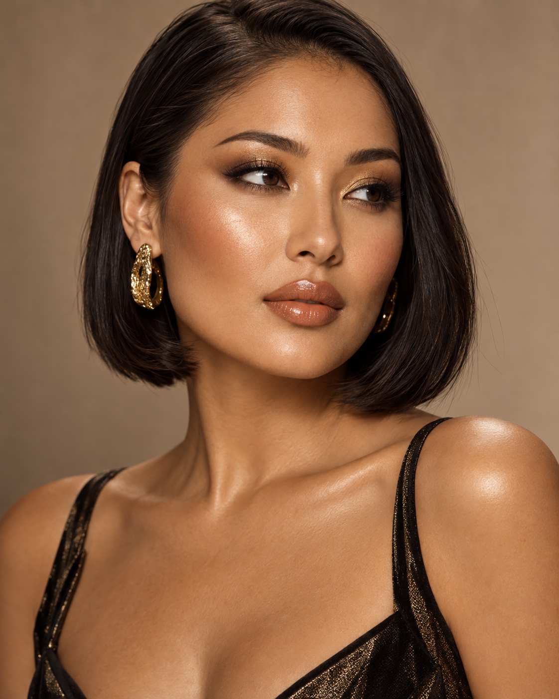 Golden Evening makeup with bronzed skin and golden eyelids.