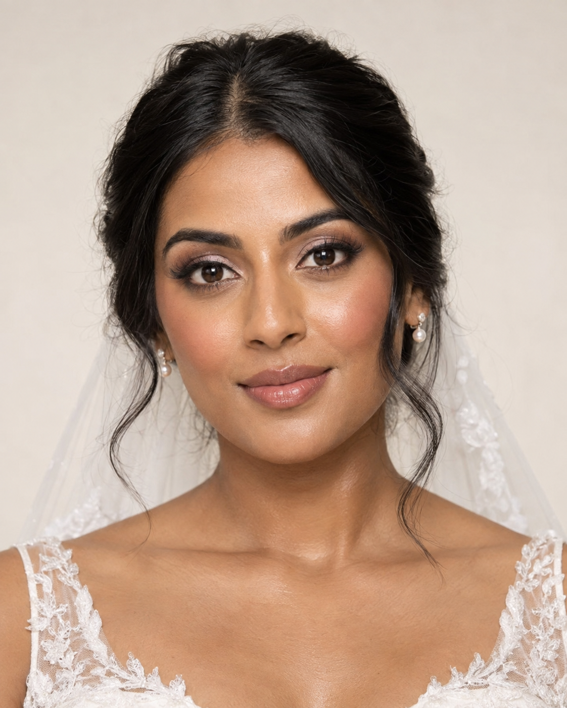 Modern Bridal Muse bridal portrait with an ivory wedding dress and veil.
