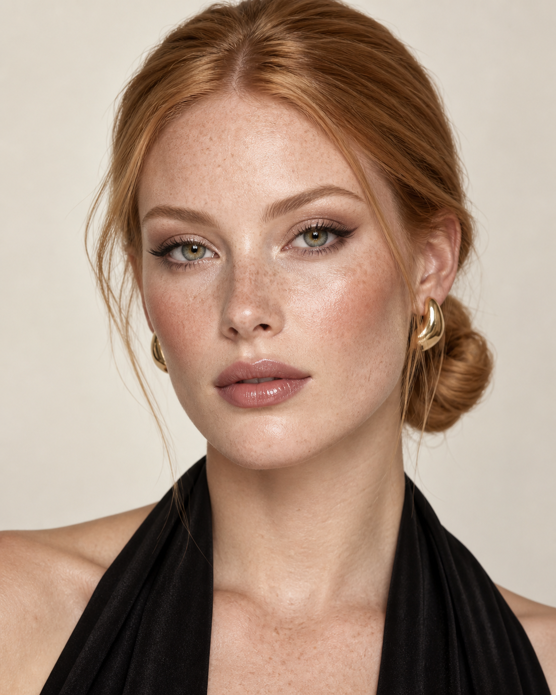 Modern Muse makeup with satin skin, taupe liner, and mauve gloss.