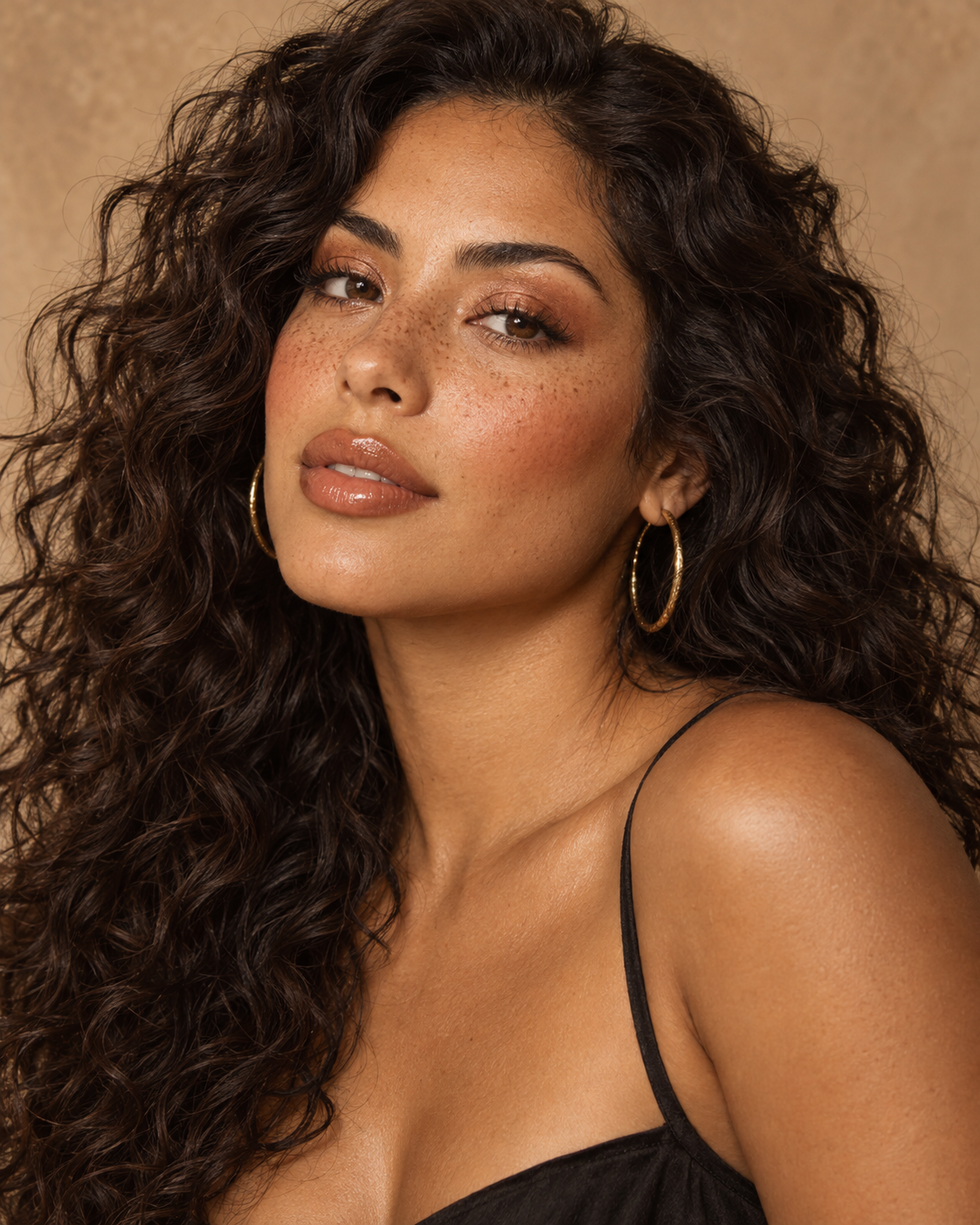 Sun-Kissed makeup with bronzed skin, freckles, and a caramel lip.